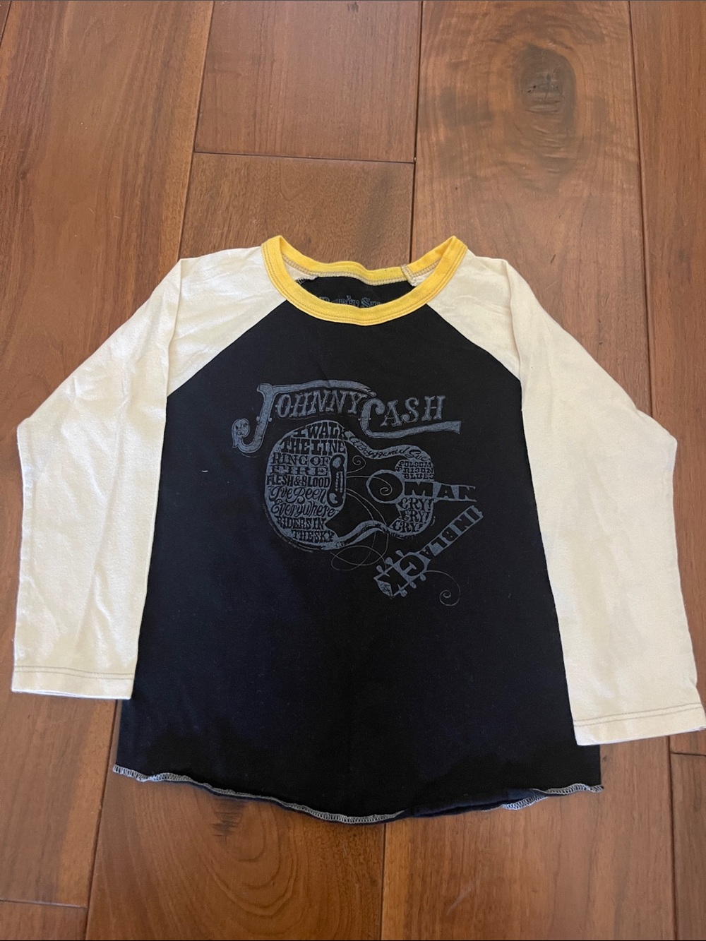 Rowdy Sprout Johnny Cash Raglan Tee in Black, White & Yellow